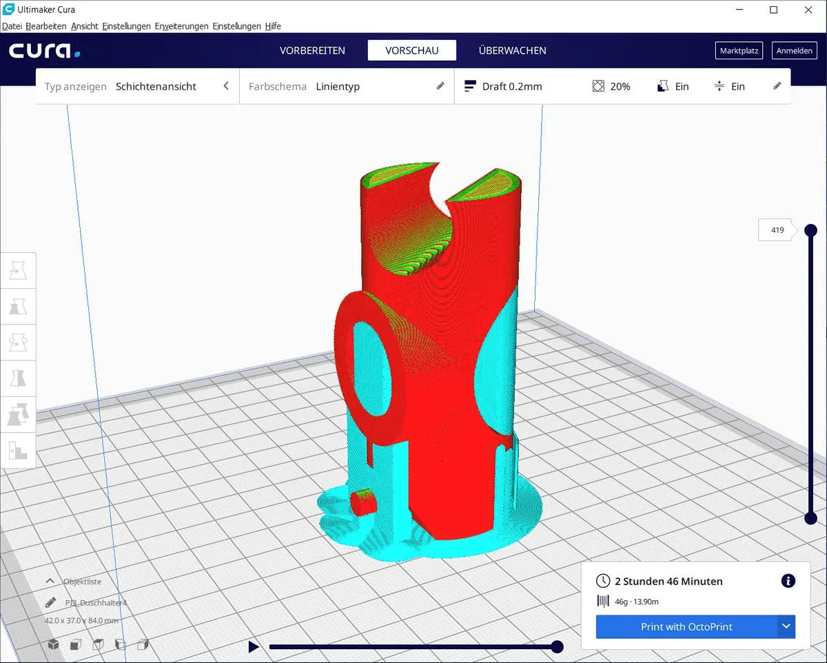 Ultimaker Cura: slicer interface with a loaded 3D model
