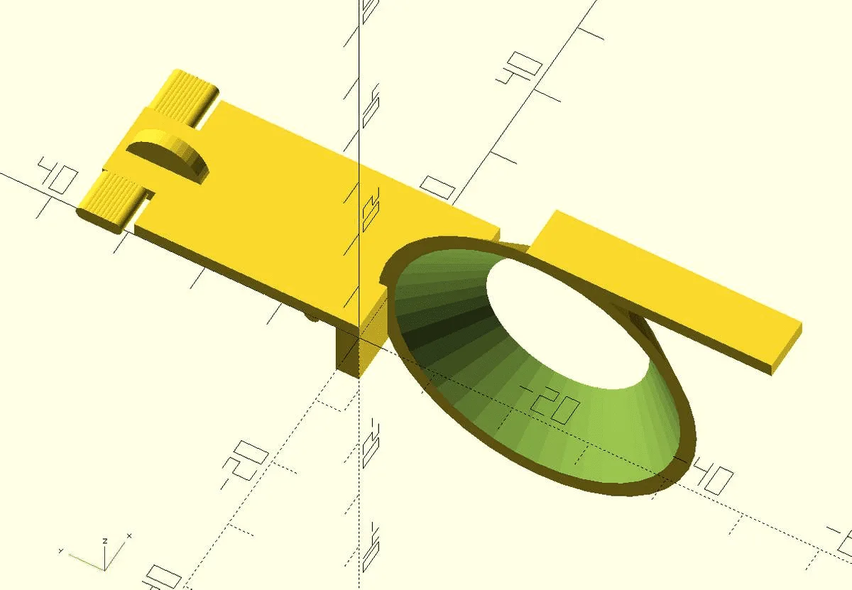OpenSCAD render of the range-hood spare part with a wheel and axle