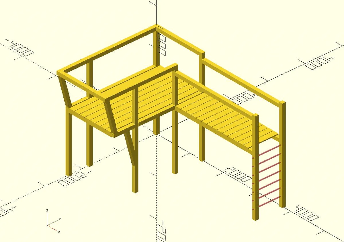 OpenSCAD render of a play tower made of wooden beams and planks, with dimensions